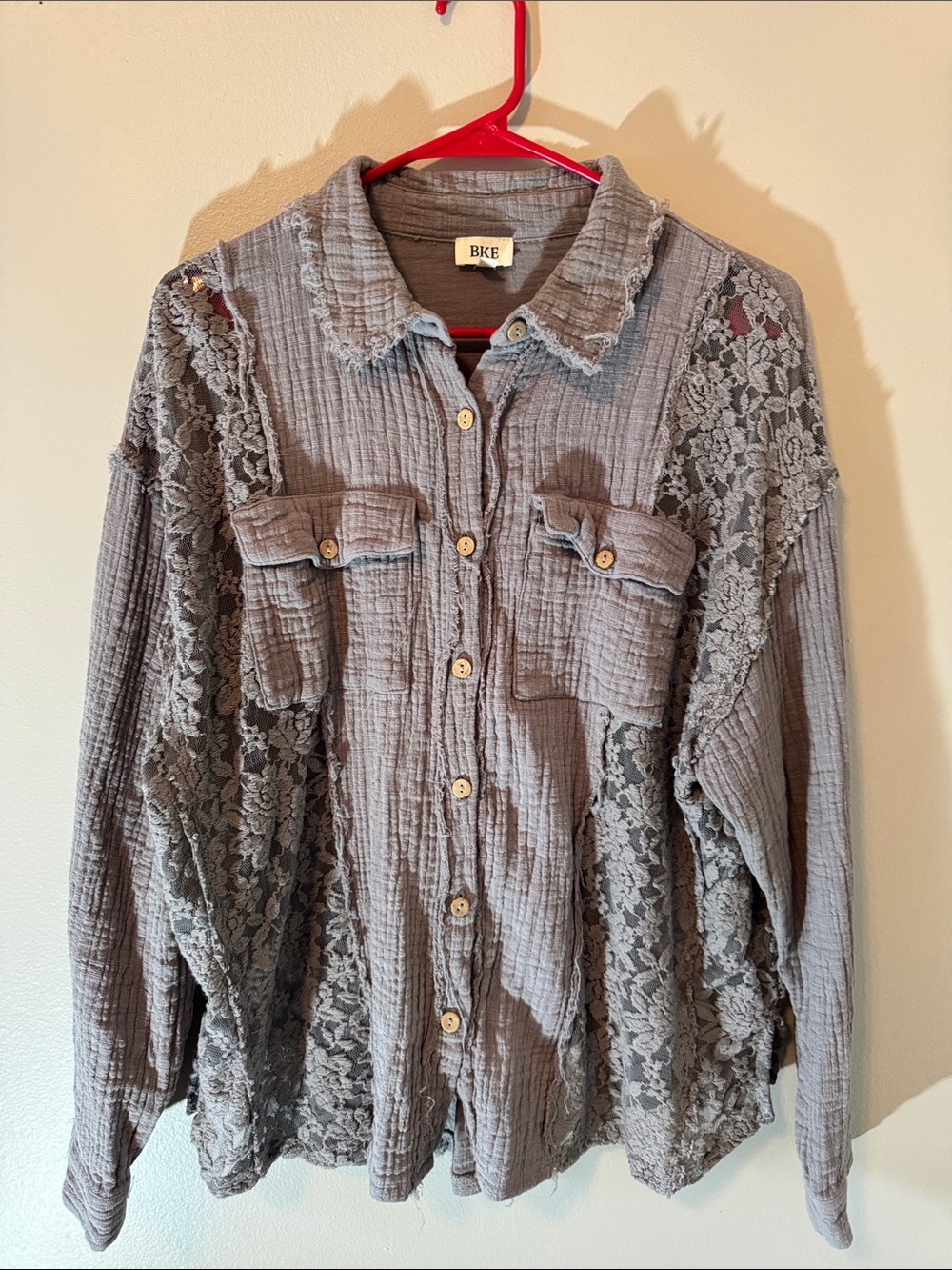 BKE Gray Lace-Panel Button-Down Shirt